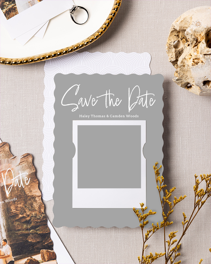 WHCC Cards Save The Date Brushed vertical slip in snapshot Styled preview